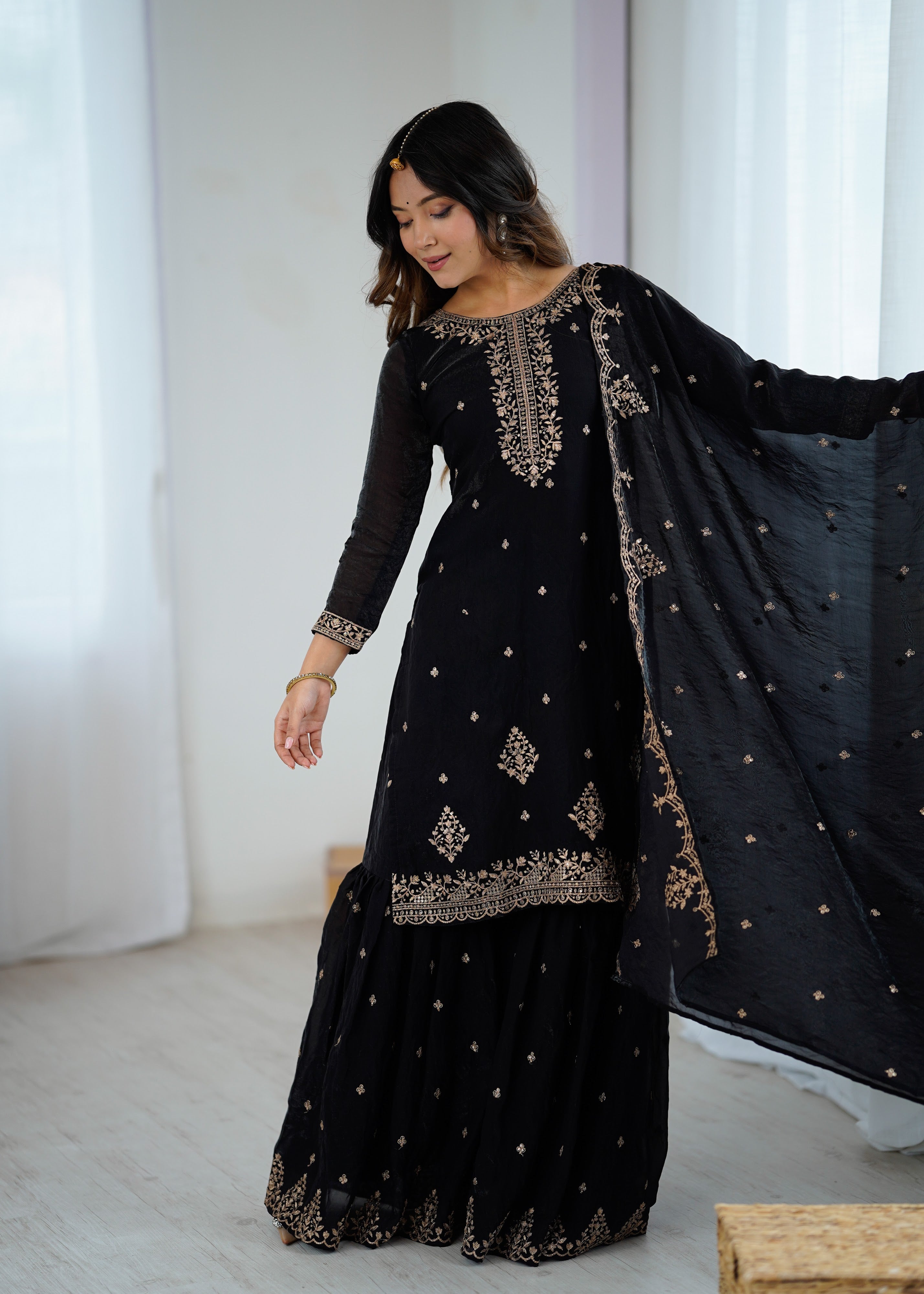 Crunchy Silk Embroidered Kurta-Sharara Set – Black