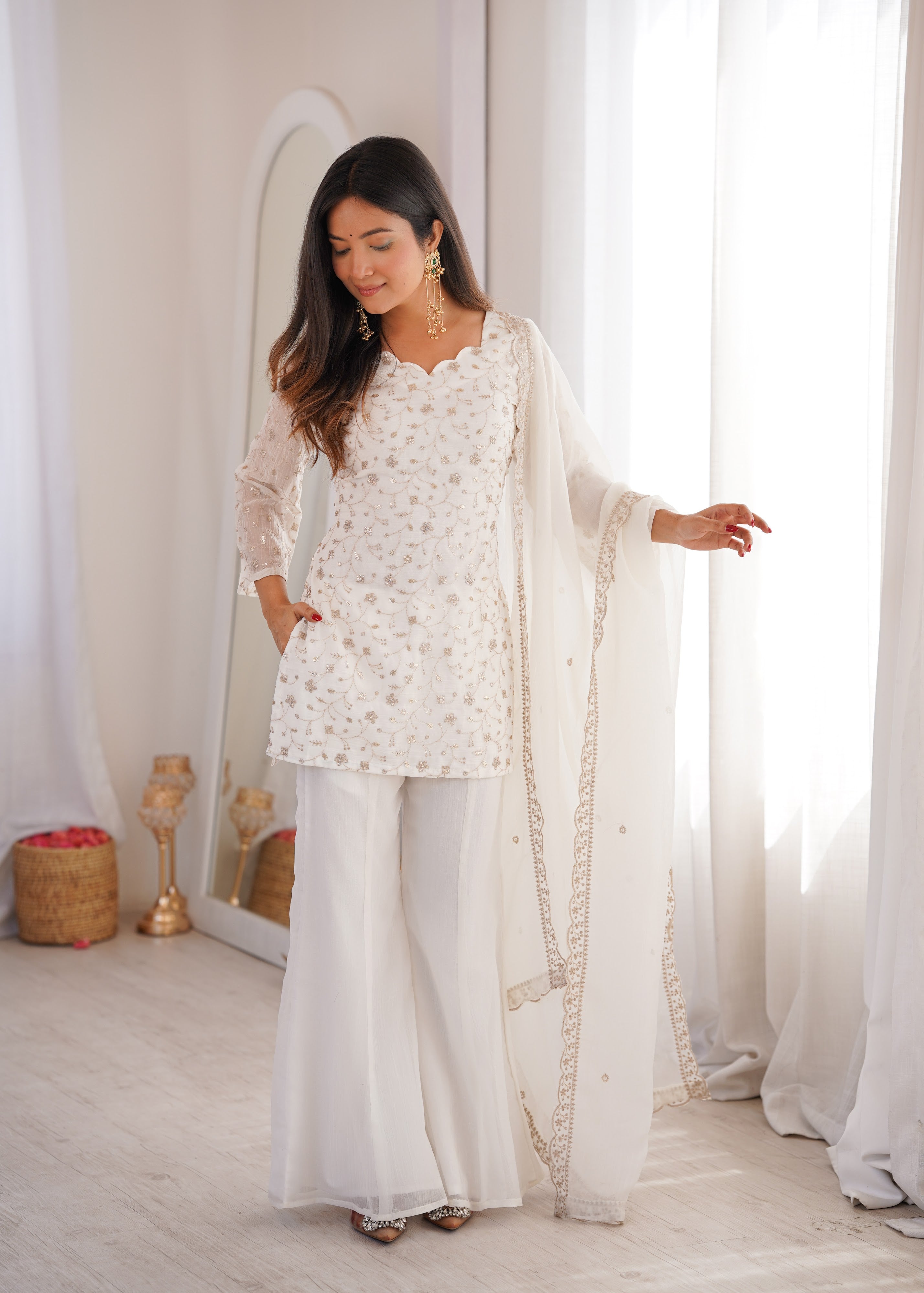 Crunchy Silk Embroidered Bell Bottom Set – Off White