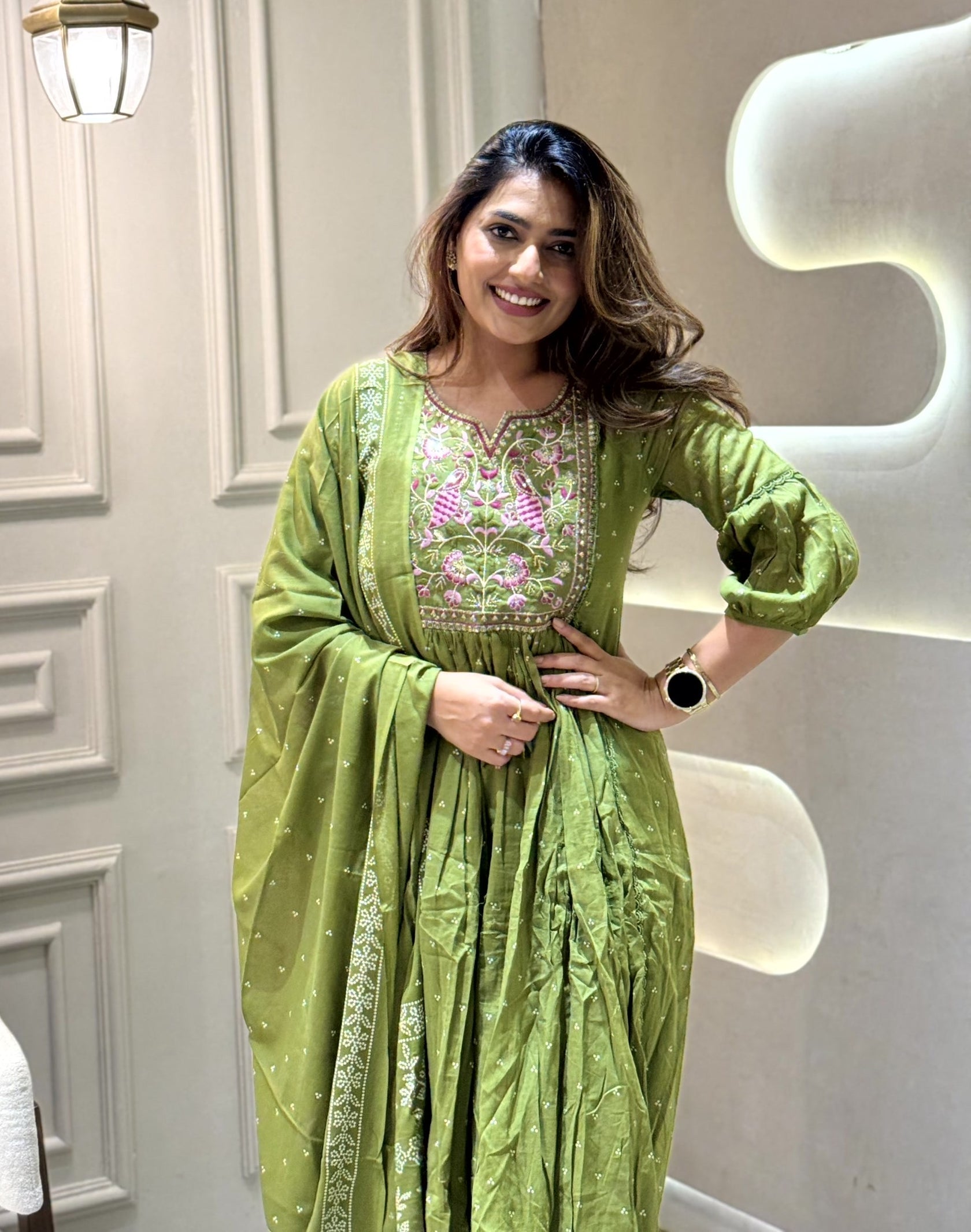 Cotton Embroidered Kurta Pant Dupatta Set – Mehndi Green