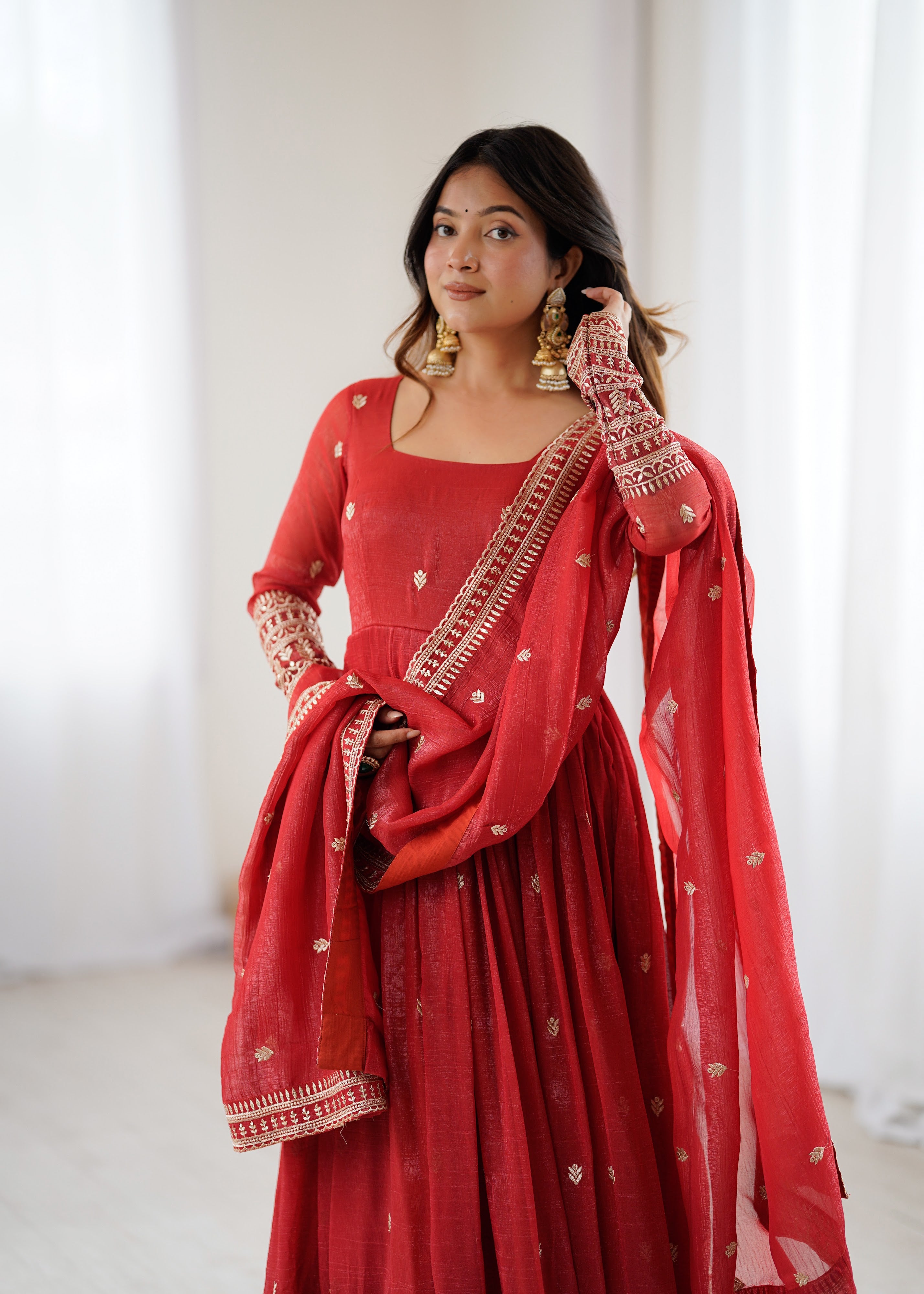 Crunchy Silk Embroidered Gown Set – Rust