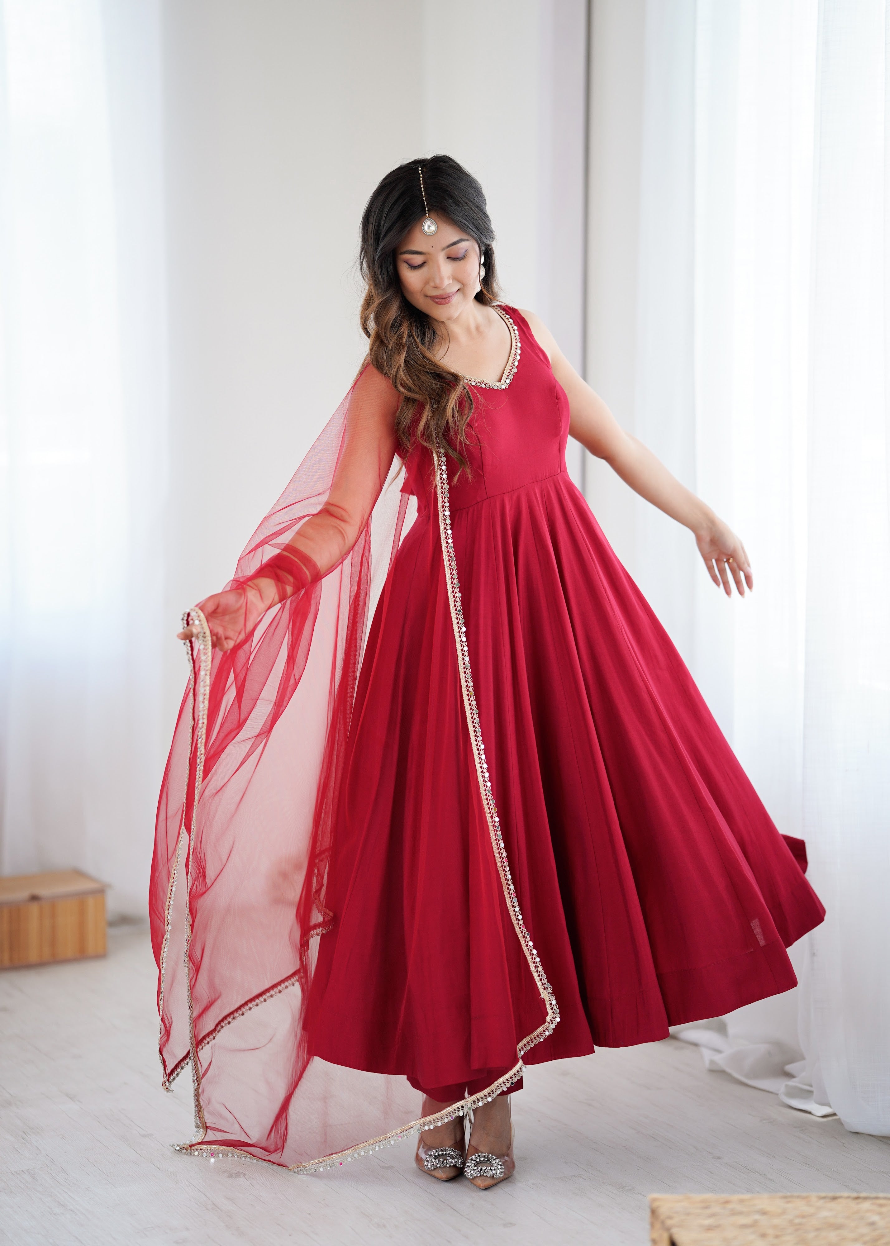 Roman Chanderi Silk Embroidered Anarkali Set – Maroon