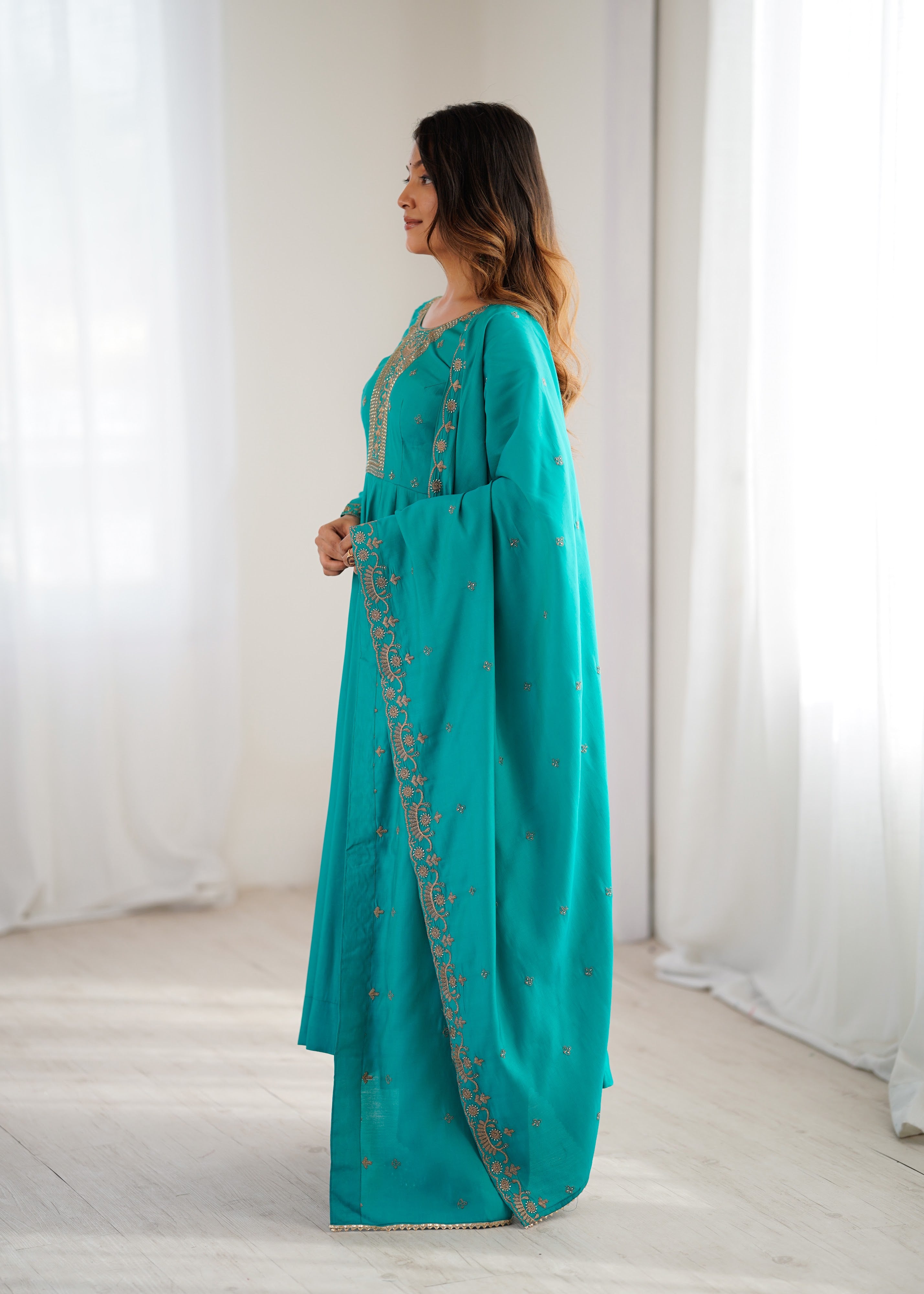 Roman Chanderi Silk Embroidered Anarkali Set – Teal Blue