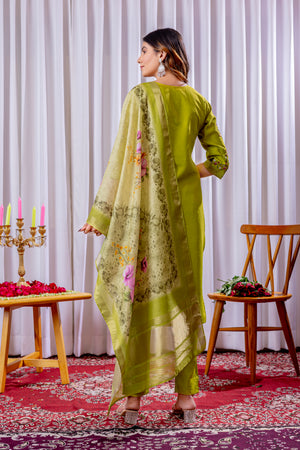 Viscose Silk Embroidered Straight Kurti Set – Parrot Green