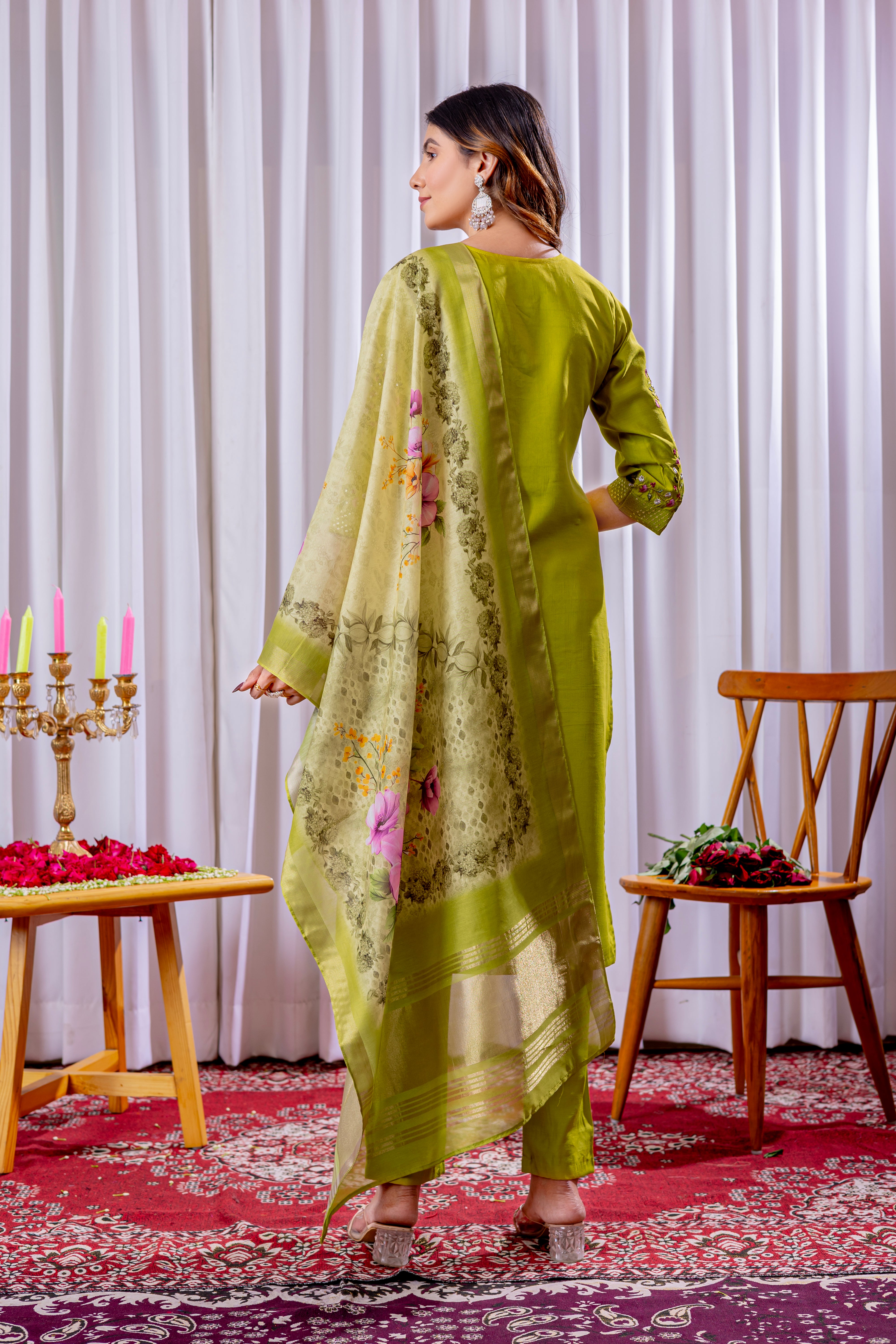 Viscose Silk Embroidered Straight Kurti Set – Parrot Green