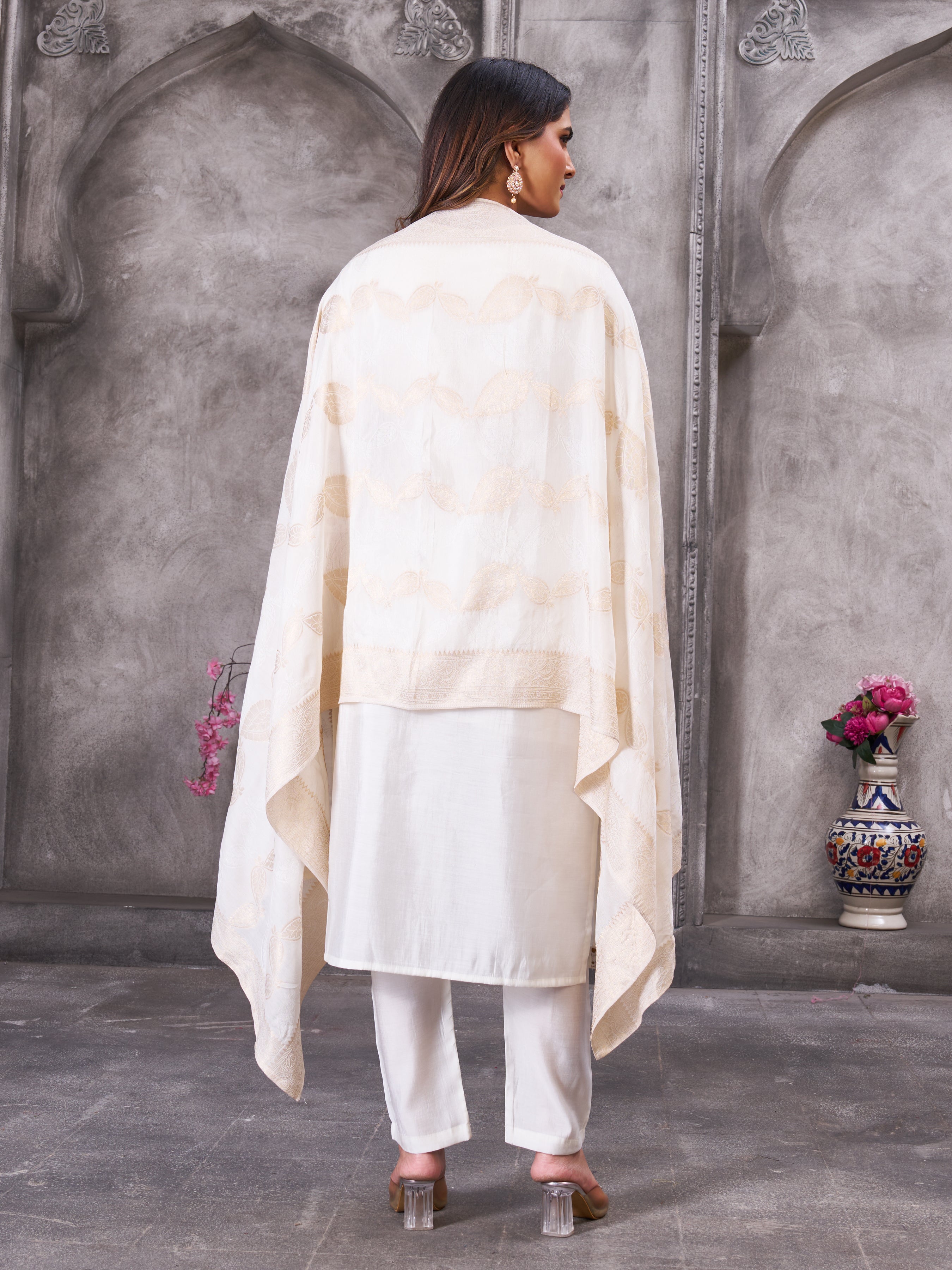 Roman Silk Embroidered Straight Kurti Set – White