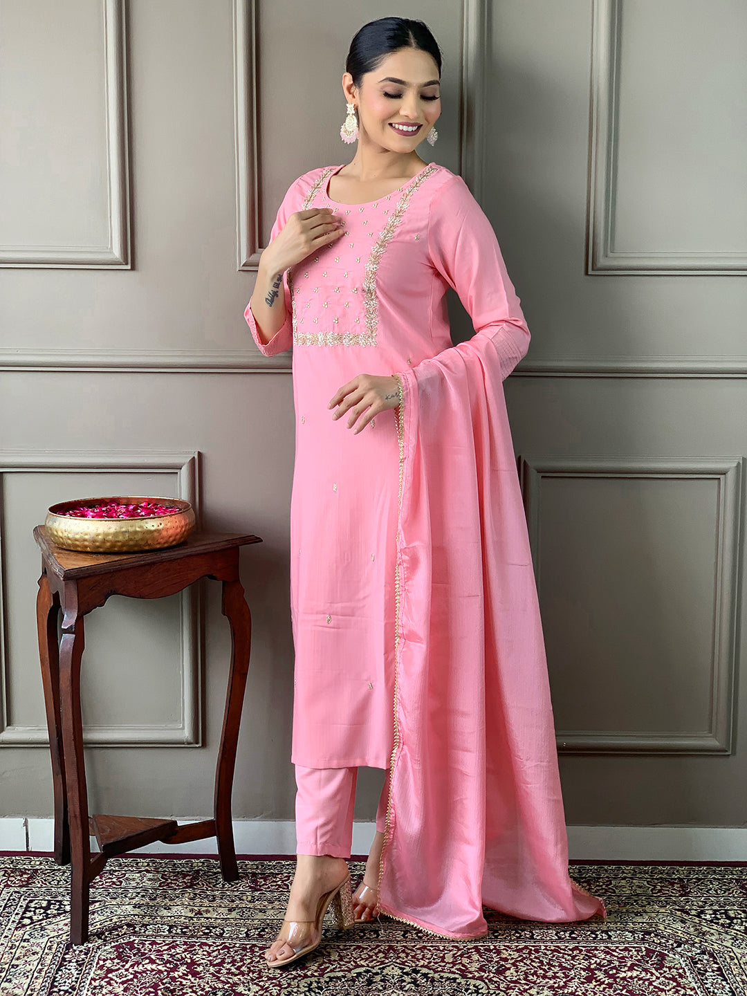 Rayon Slub Embroidered Kurta Pant Dupatta Set – Pink