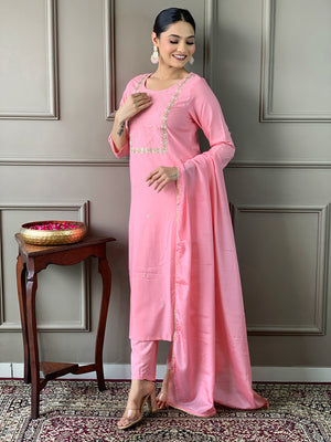 Rayon Slub Embroidered Kurta Pant Dupatta Set – Pink