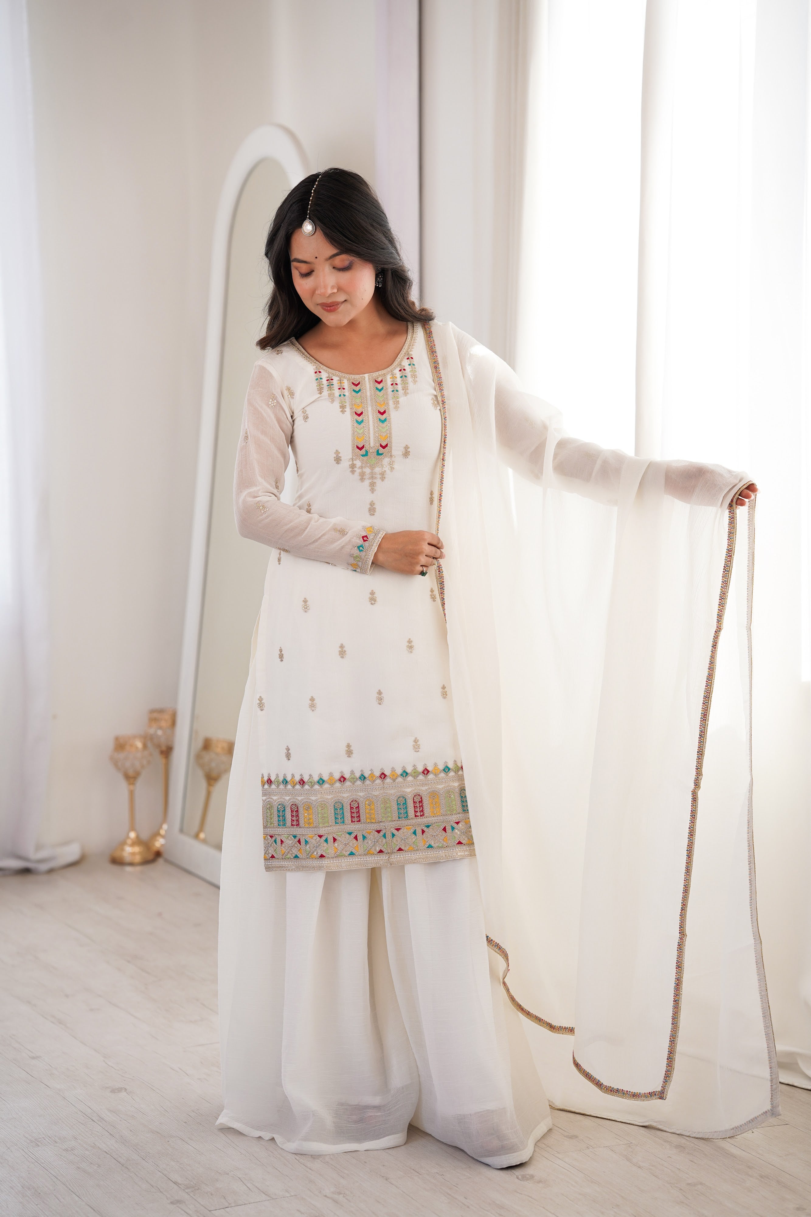 Crunchy Silk Embroidered Kurta-Sharara Set – White