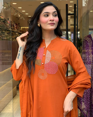 Rayon Slub Embroidered Kurta Pant Dupatta Set – Orange