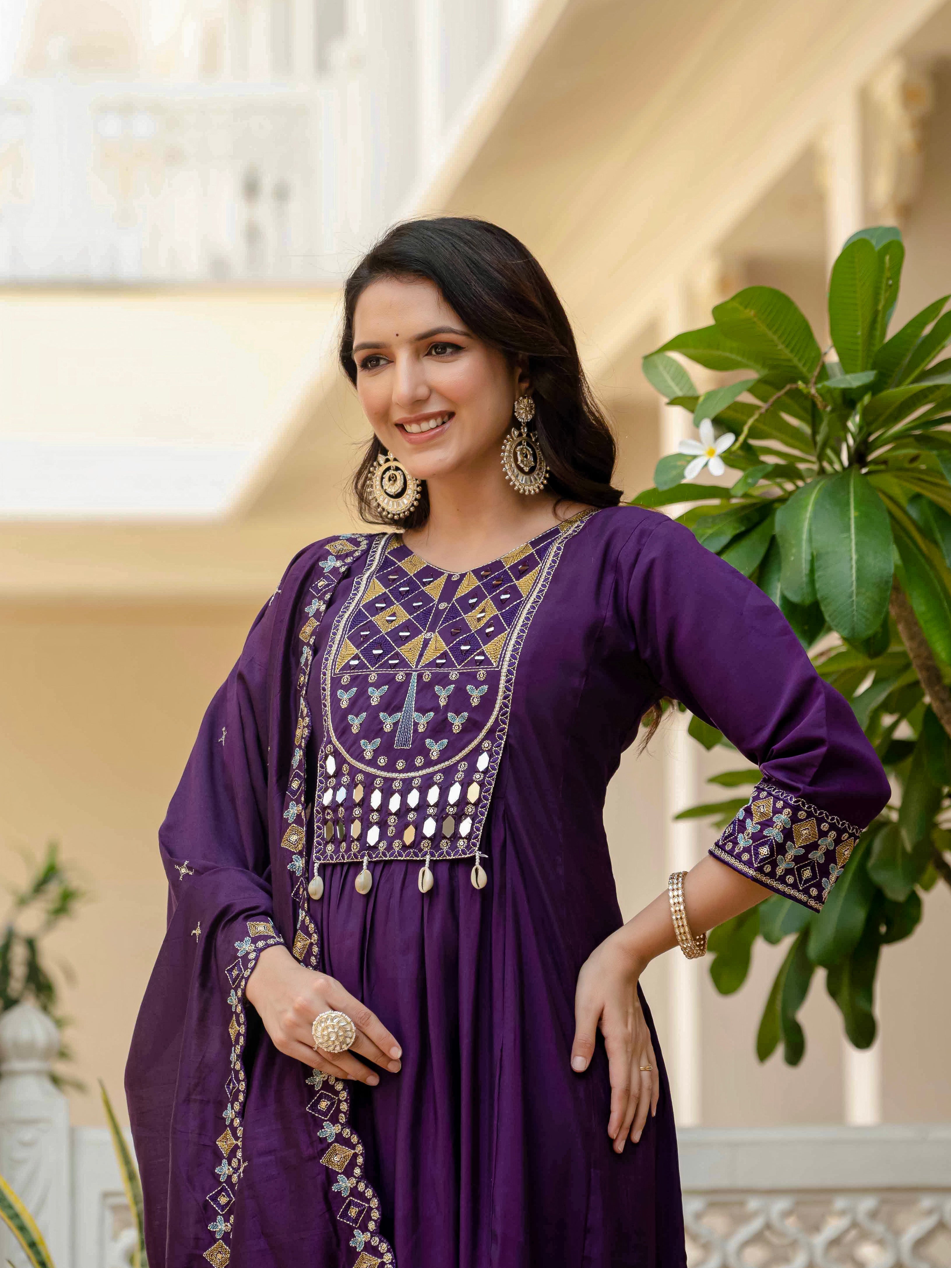 Viscose Roman Silk Embroidered Anarkali Kurti Set – Purple