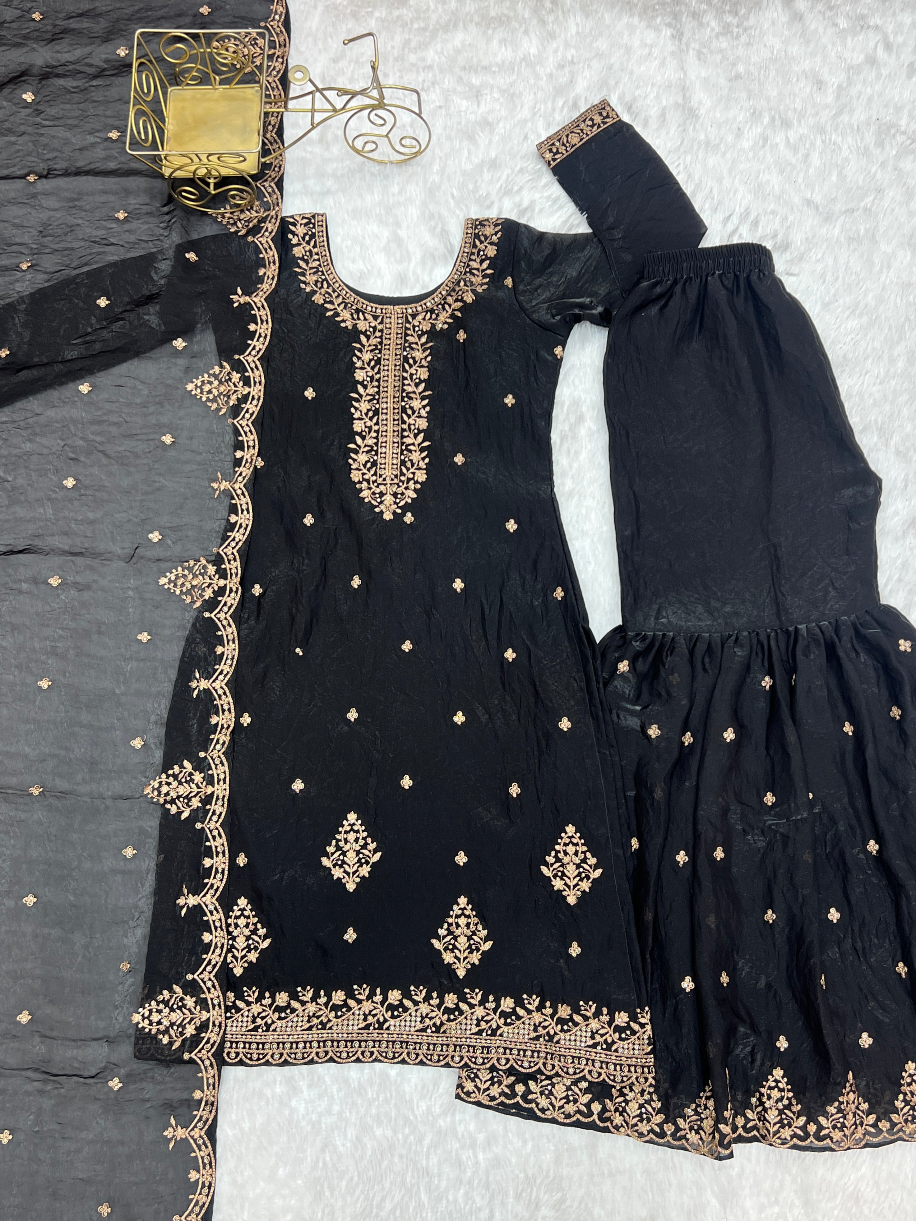 Crunchy Silk Embroidered Kurta-Sharara Set – Black