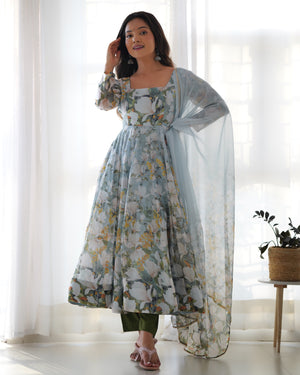 Organza Silk Printed Anarkali Set – Powder Blue Floral