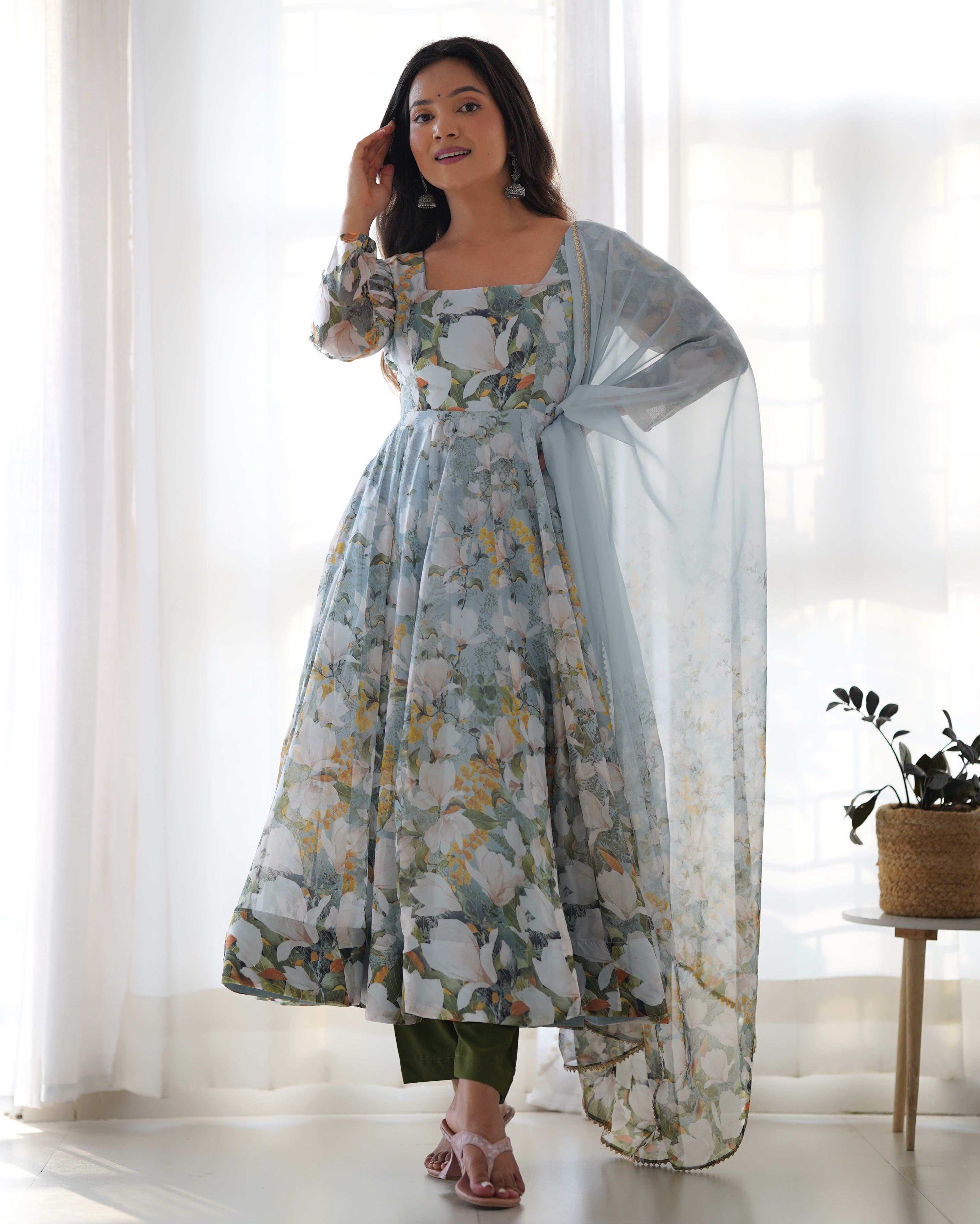 Organza Silk Printed Anarkali Set – Powder Blue Floral