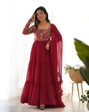 Georgette Embroidered Anarkali Set – Wine