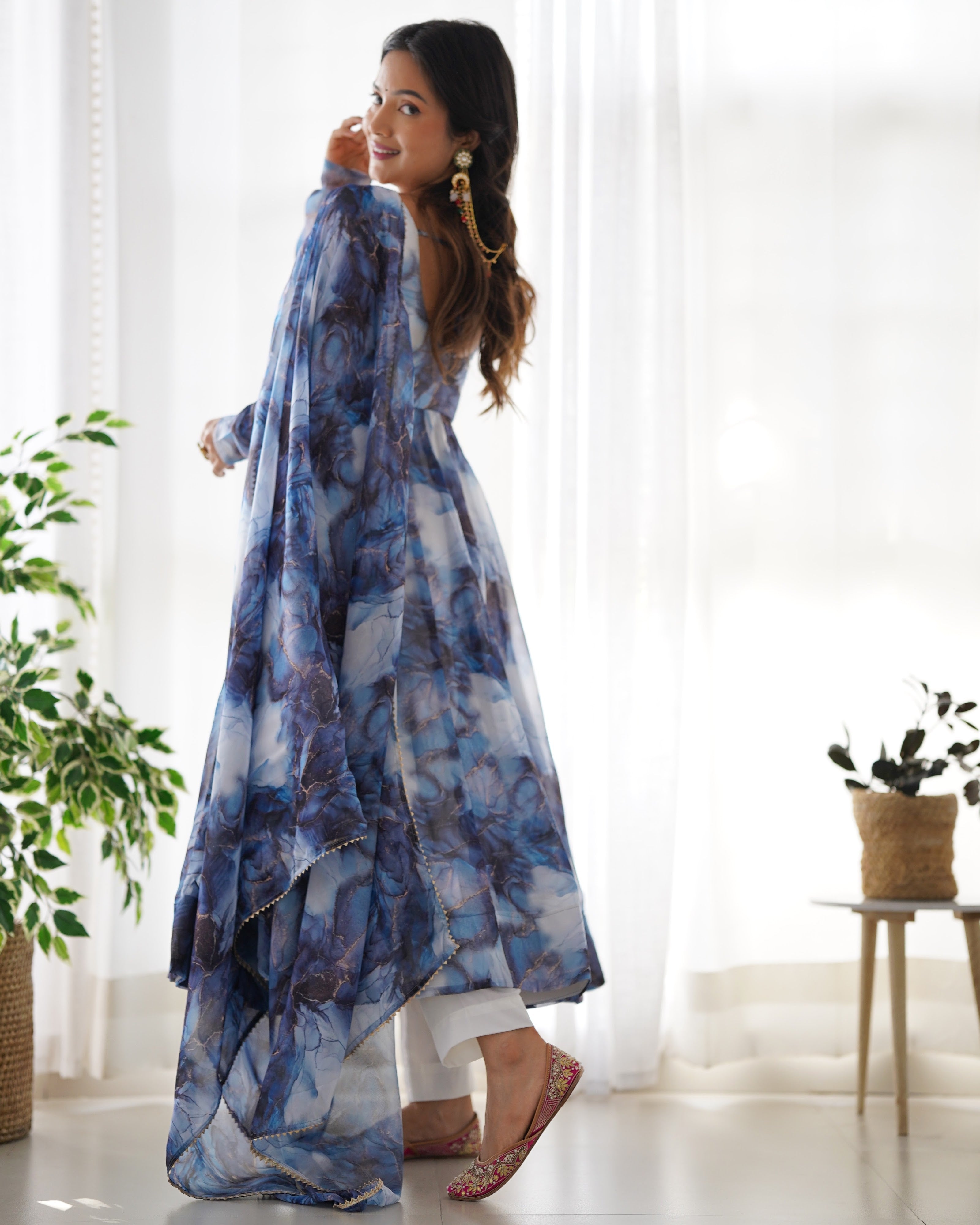 Organza Silk Printed Anarkali Set – Navy Blue