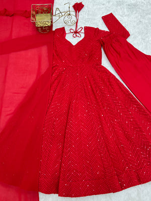 Georgette Embroidered Anarkali Set – Red