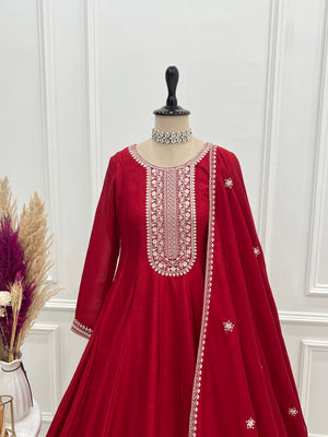 Vichitra Silk Embroidered Gown Set – Dark Red