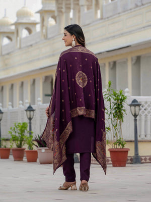 Premium Roman Silk Embroidered Straight Kurti Set – Wine
