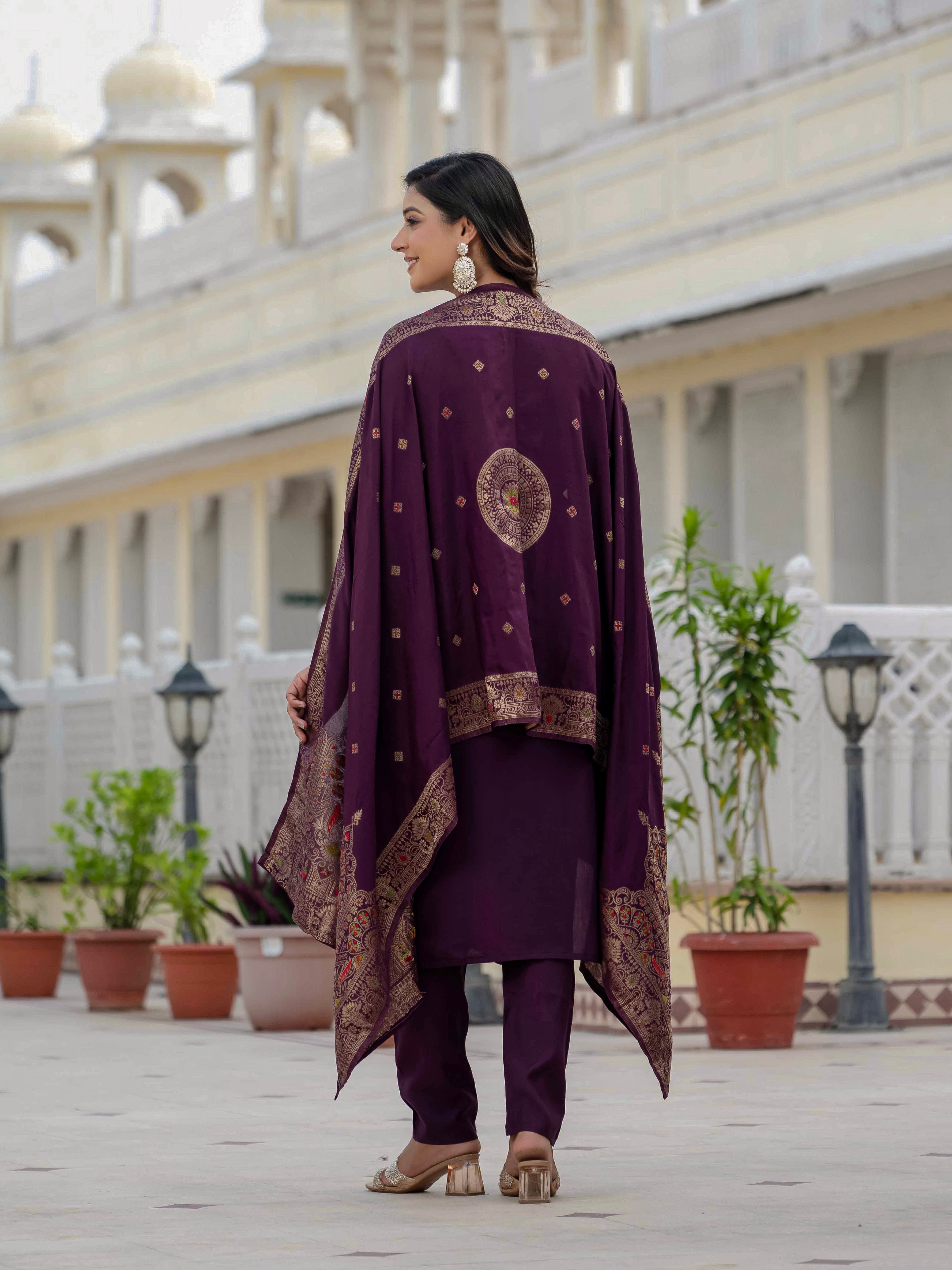 Premium Roman Silk Embroidered Straight Kurti Set – Wine