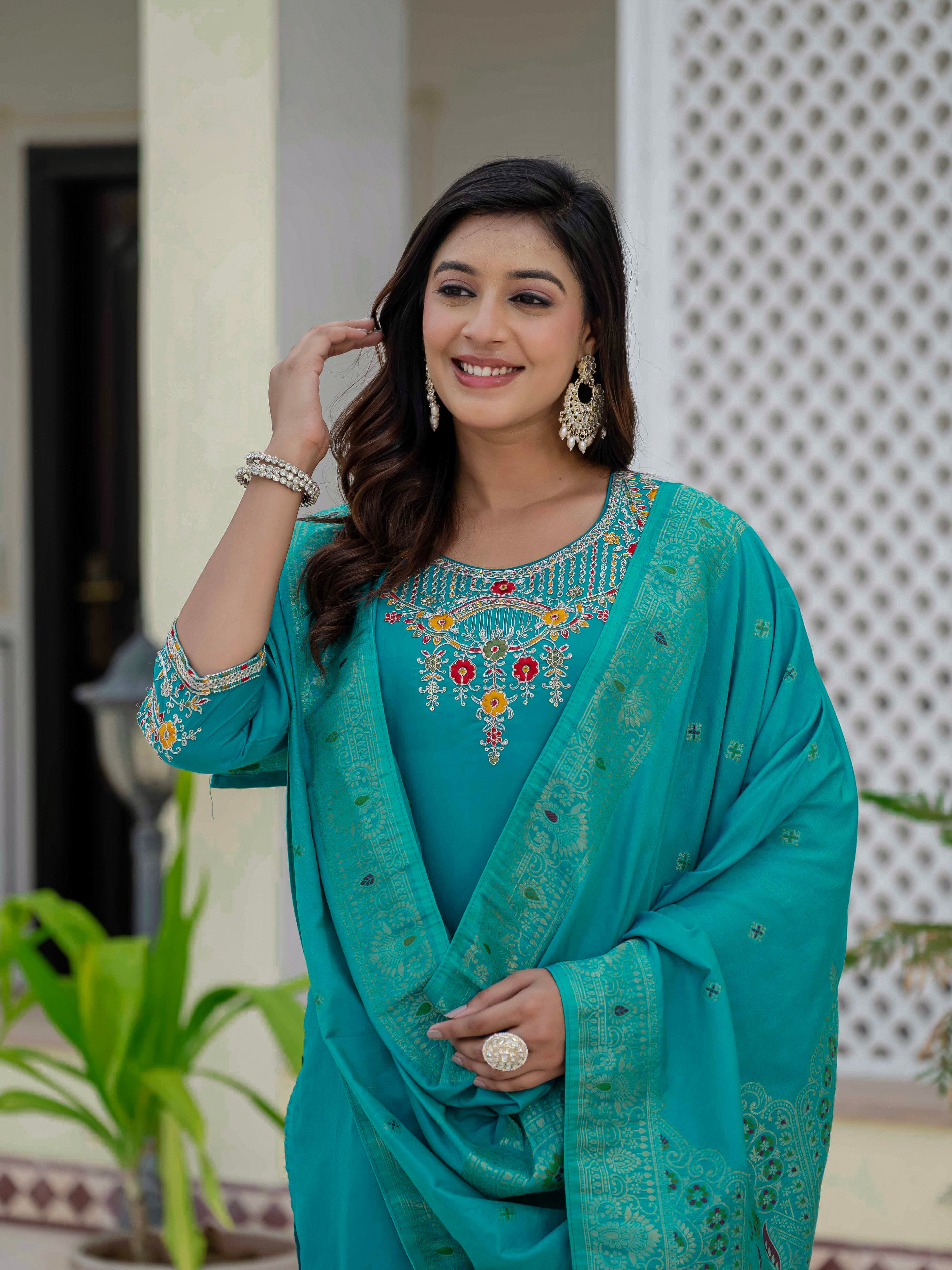Premium Roman Silk Embroidered Straight Kurti Set – Firozi