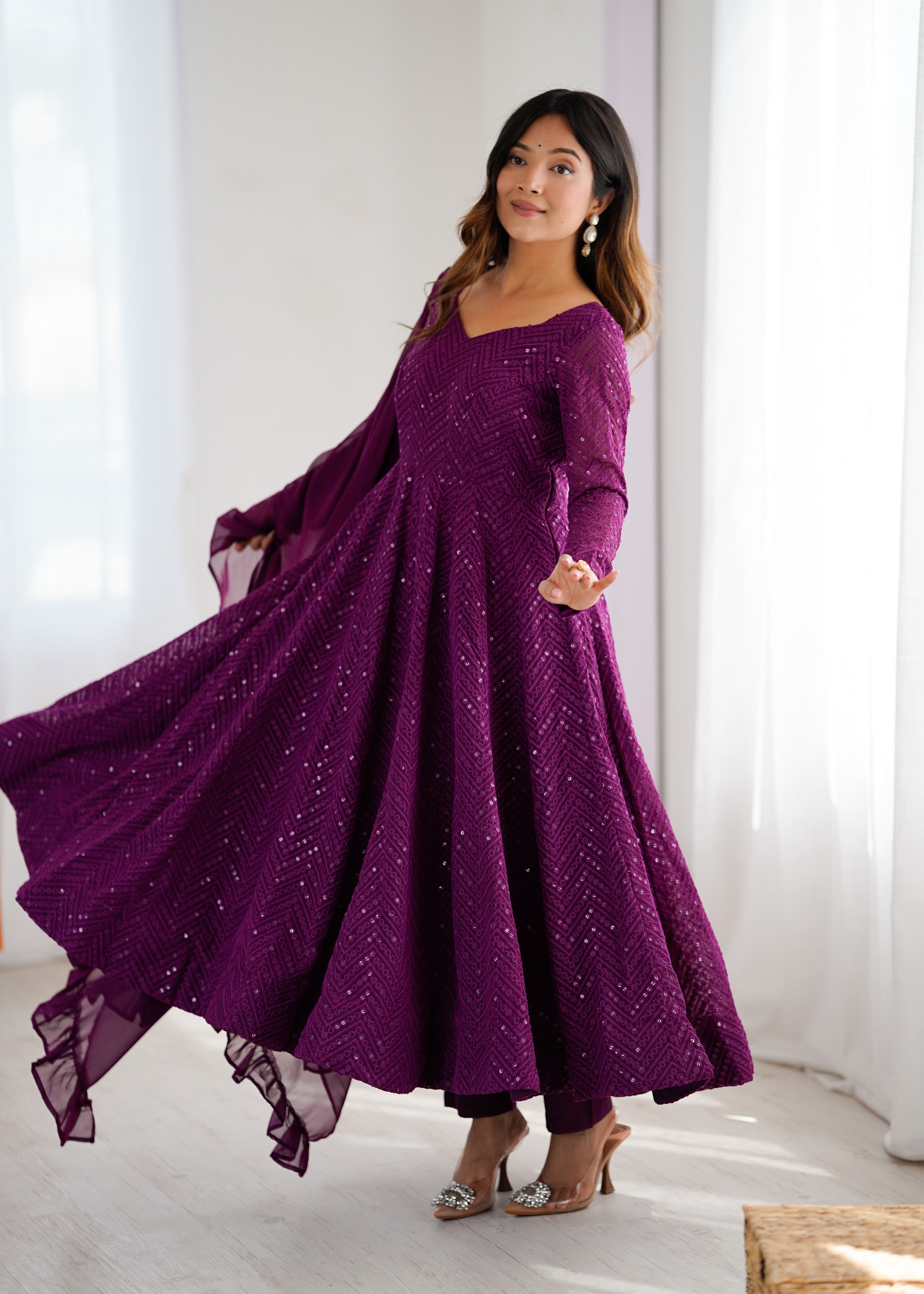 Georgette Embroidered Anarkali Set – Wine