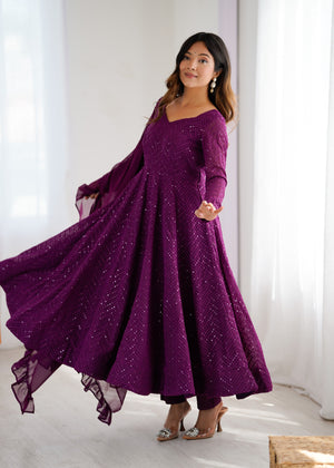 Georgette Embroidered Anarkali Set – Wine