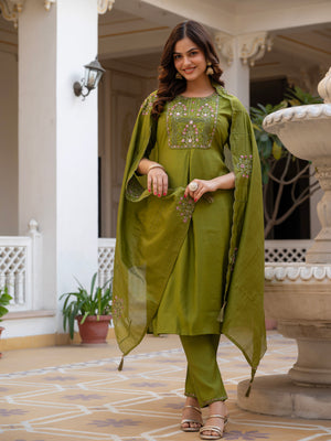 Pure Viscose Mango Silk Embroidered Straight Kurti Set – Mhendi Green