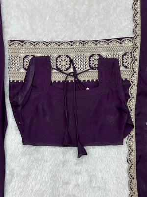 Glass Roman Silk Embroidered Kurta-Farshi Set – Purple