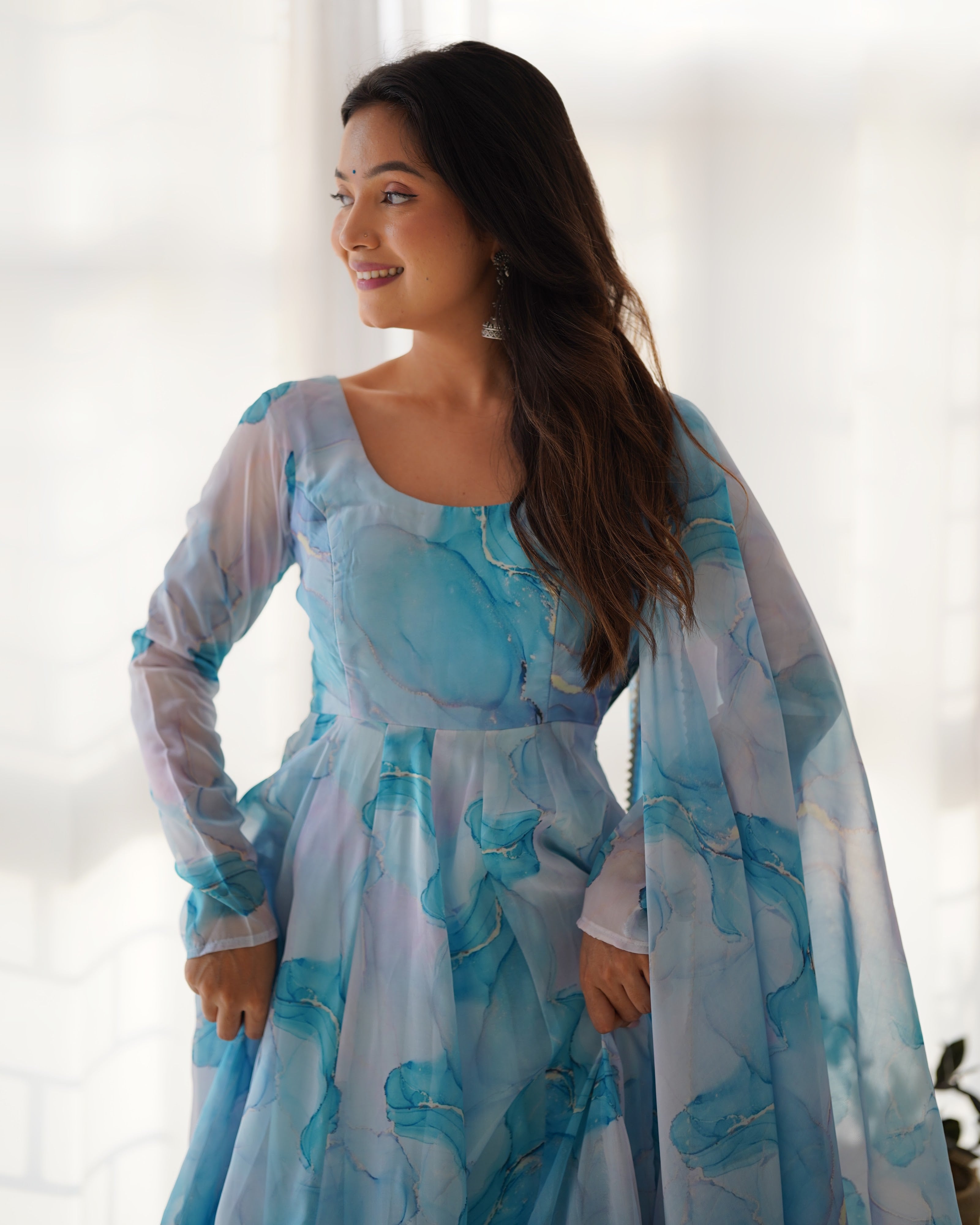 Organza Silk Printed Anarkali Set – Sky Blue