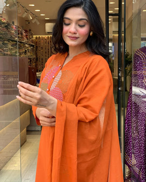 Rayon Slub Embroidered Kurta Pant Dupatta Set – Orange