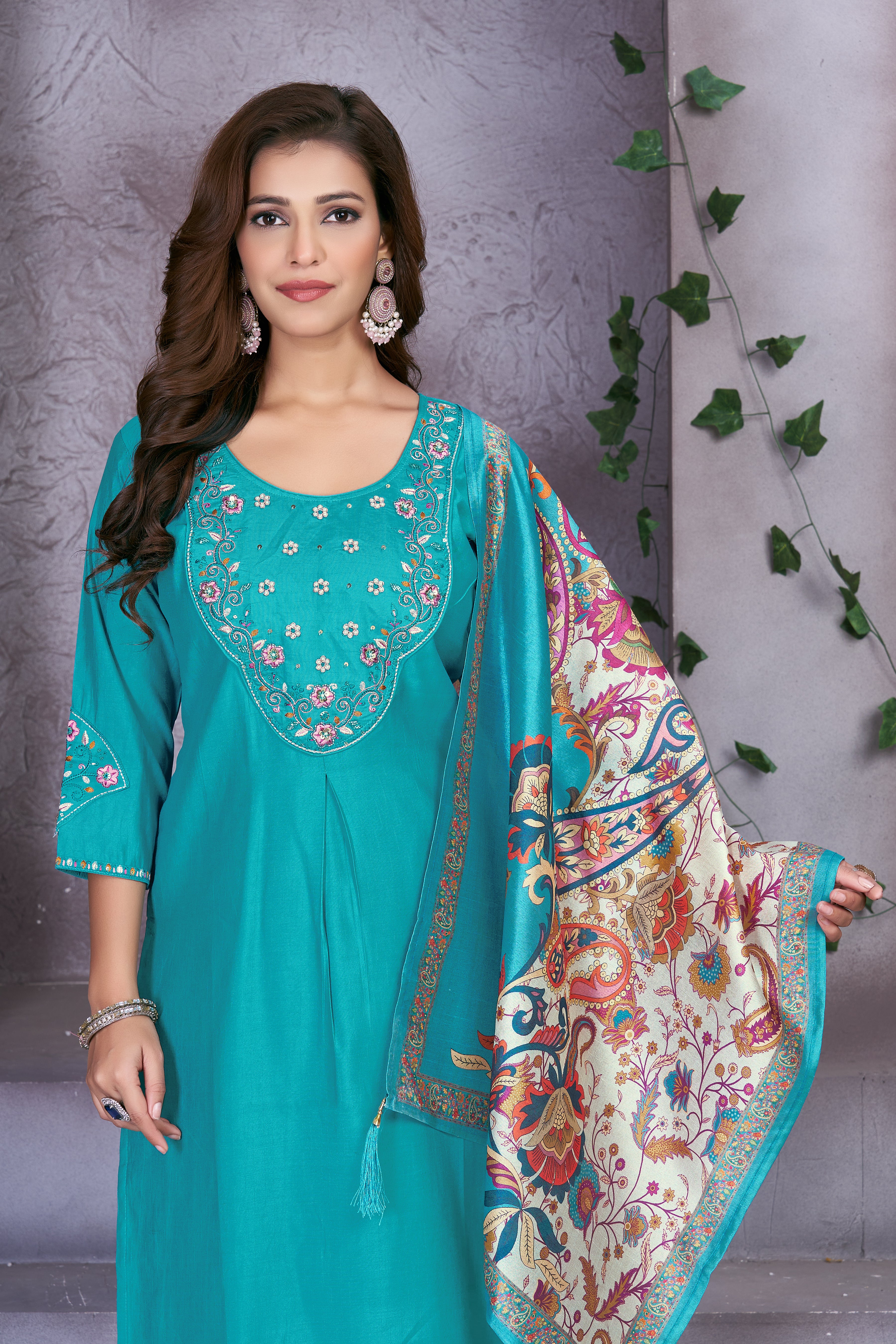 Premium Marina Silk Embroidered Straight Kurti Set – See Green