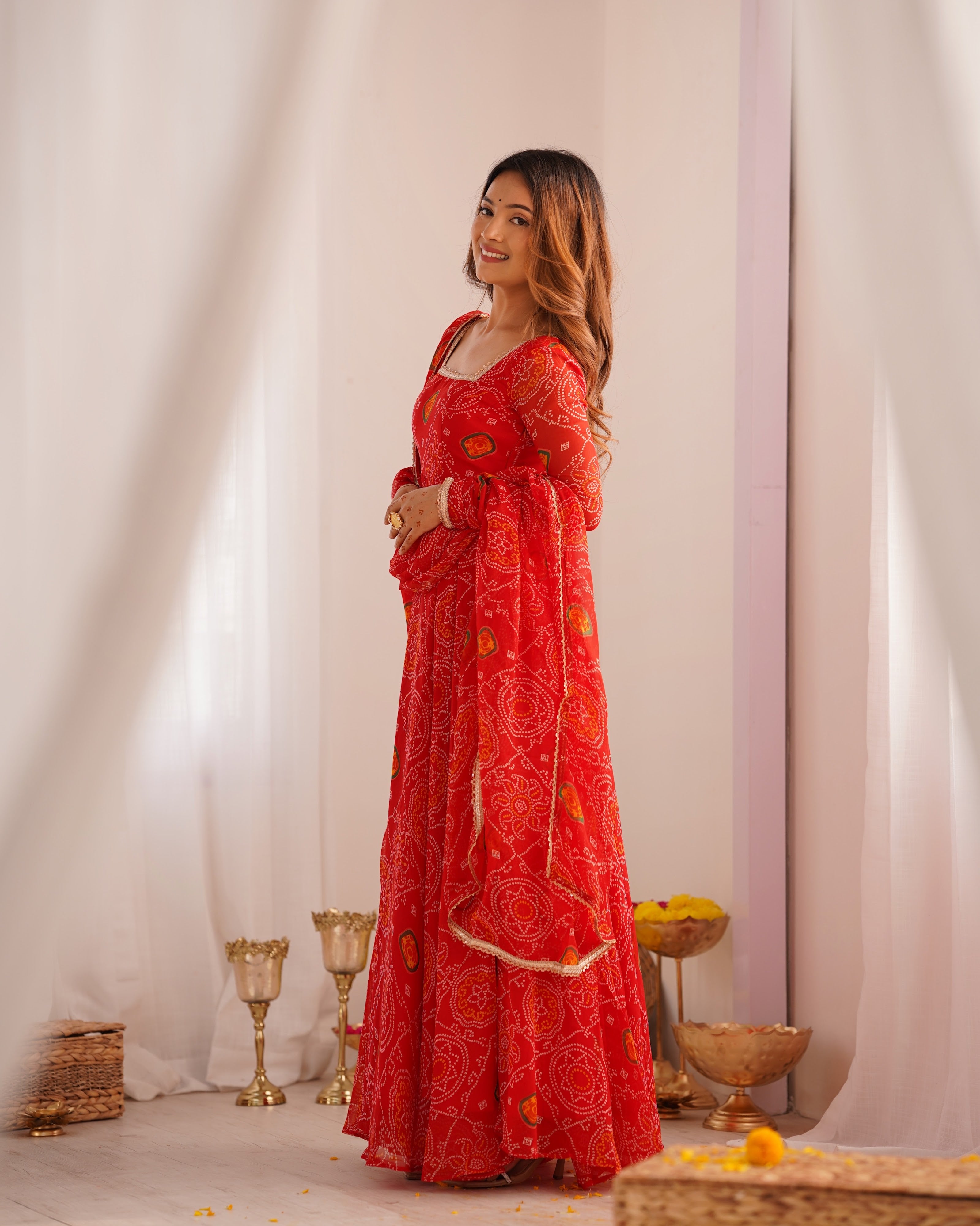 Soft Lightweight Chiffon Bandhej Fabric Inner Micro Cotton Embroidered Anarkali Set – Orange