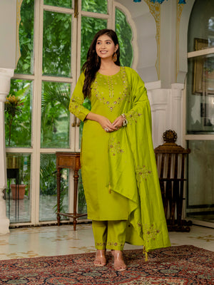 Marina Silk Embroidered Straight Kurti Set – Parrot Green