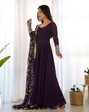Georgette Embroidered Gown Set – Wine