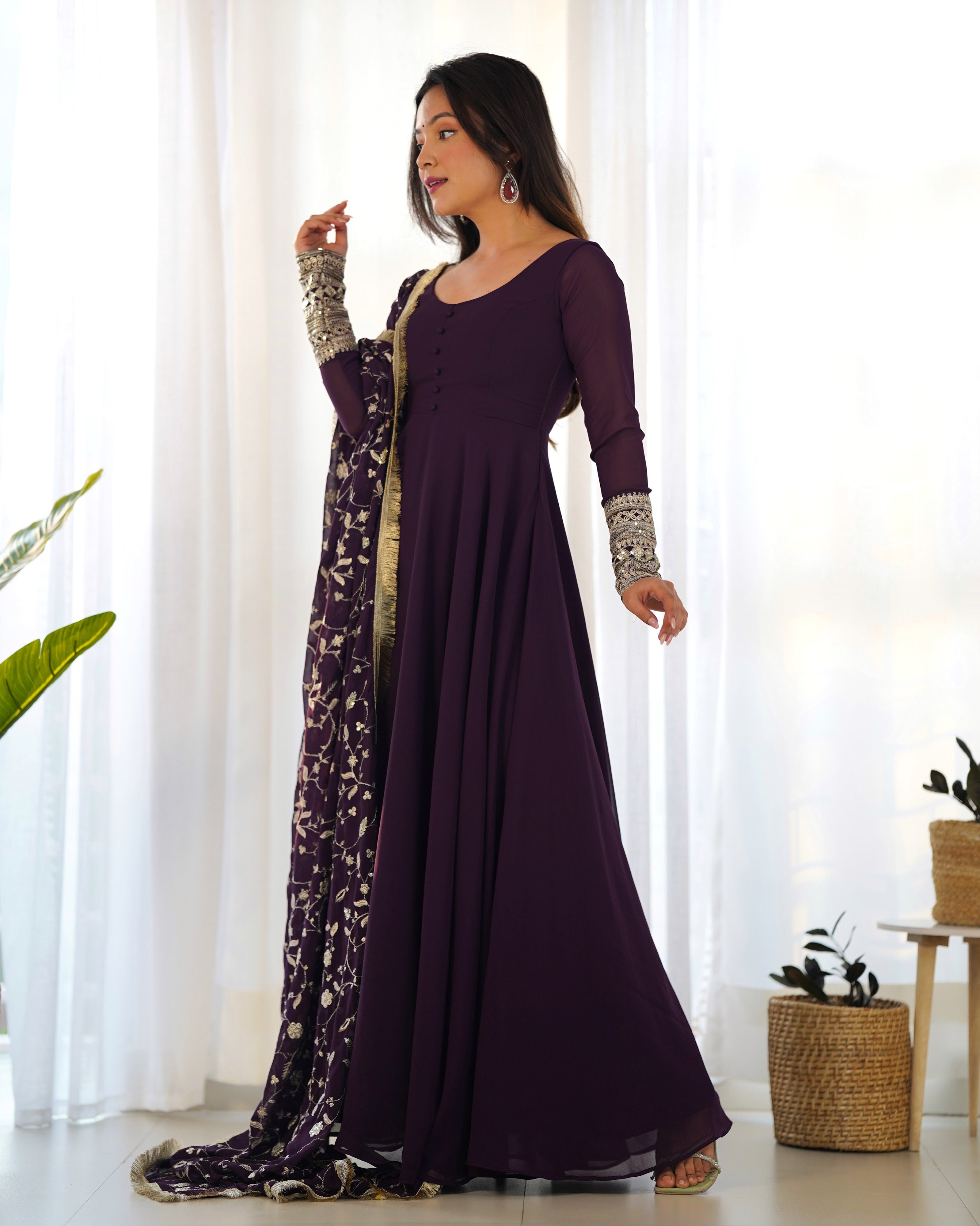 Georgette Embroidered Gown Set – Wine