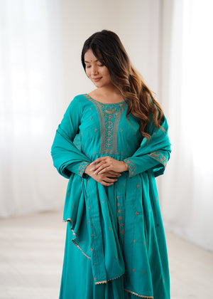 Roman Chanderi Silk Embroidered Anarkali Set – Teal Blue