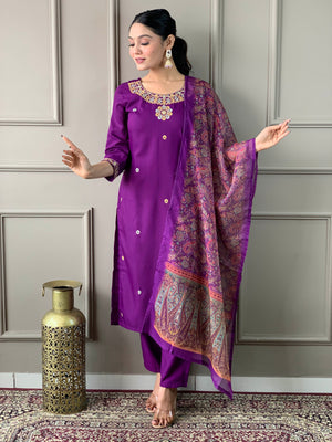 Rayon Slub Embroidered Kurta Pant Dupatta Set – Purple