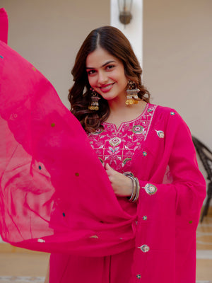 Pure Viscose Mango Silk Embroidered Straight Kurti Set – Pink