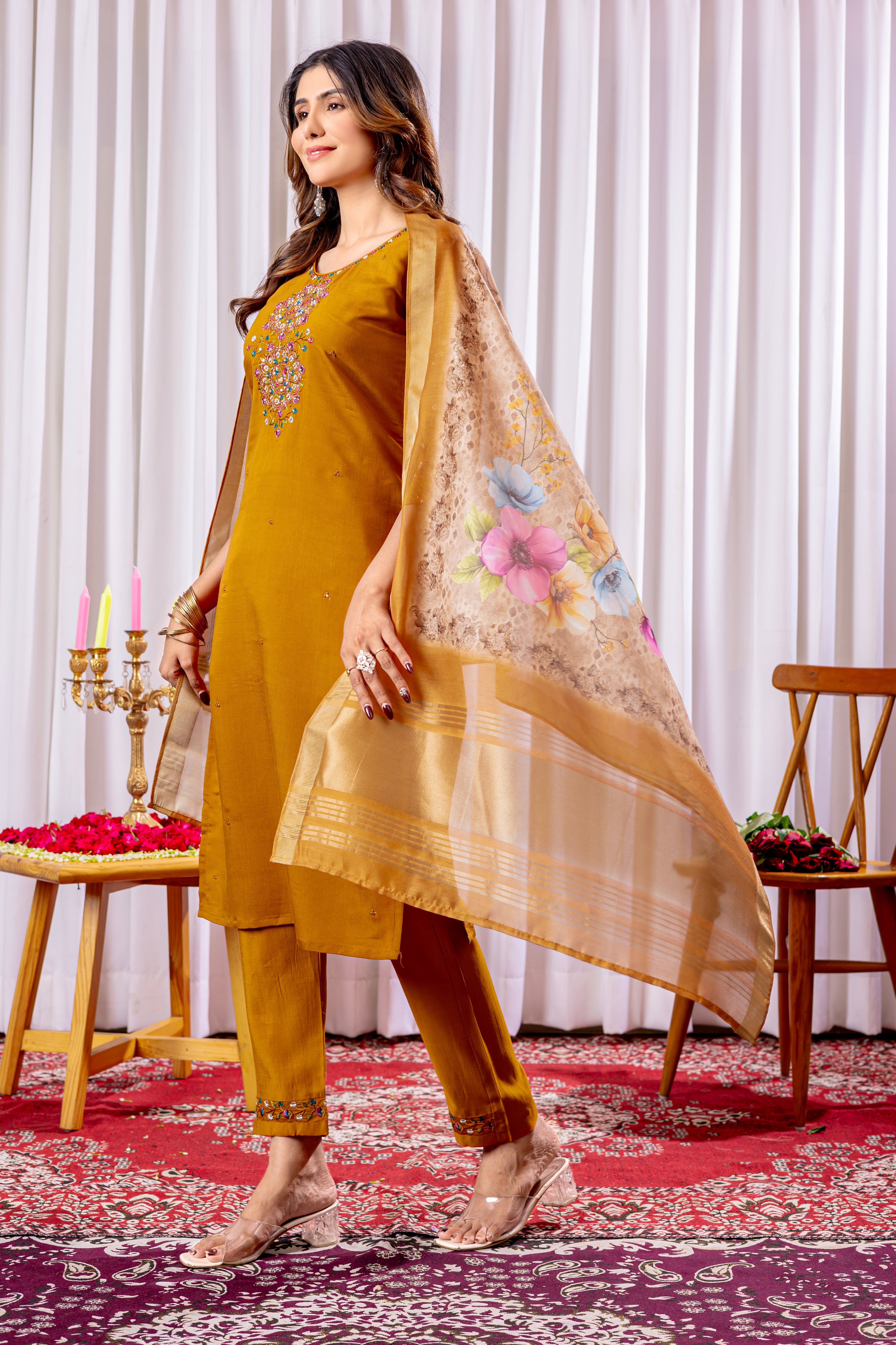 Viscose Silk Embroidered Straight Kurti Set – Mustard