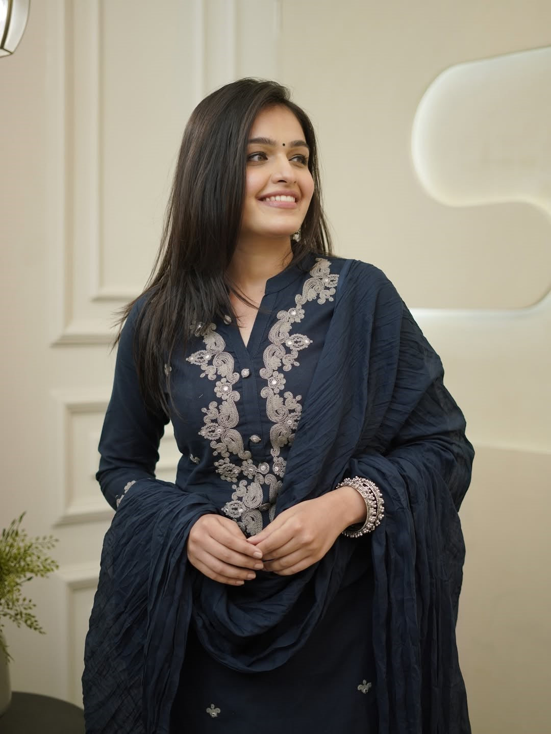 Rayon Slub Embroidered Kurta Pant Dupatta Set – Navy Blue