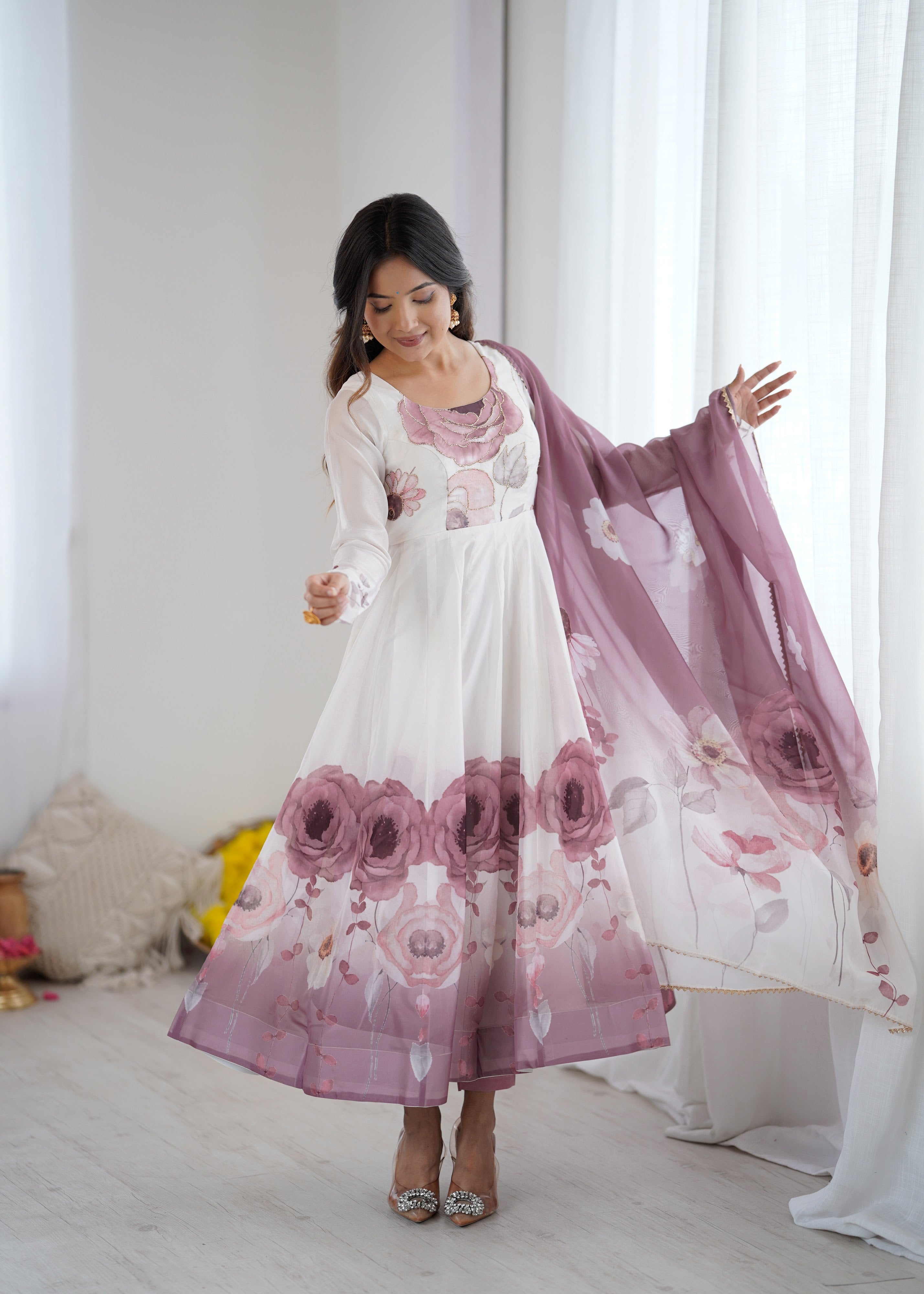 Organza Silk Printed Anarkali Set – Lilac Floral