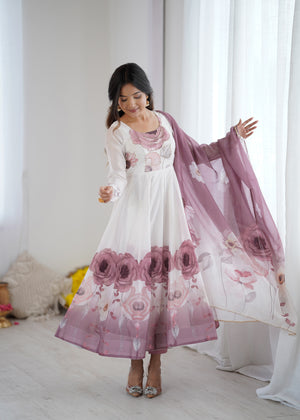 Organza Silk Printed Anarkali Set – Lilac Floral