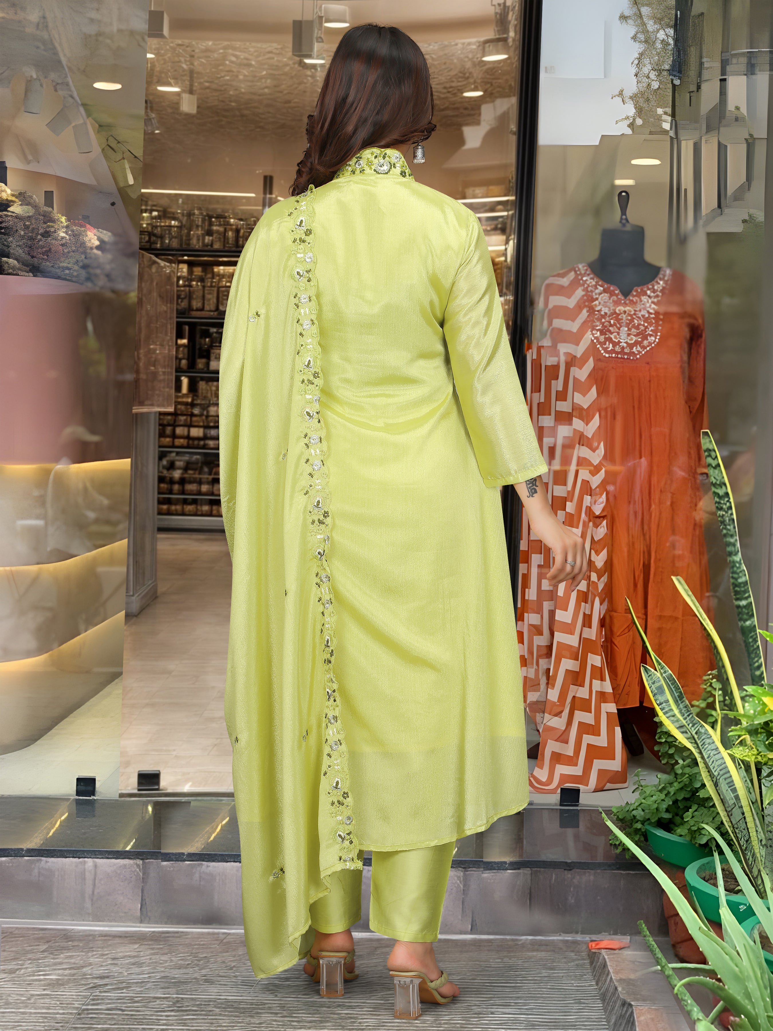 Viscose Chinon Embroidered Kurta Pant Dupatta Set – Lime Green