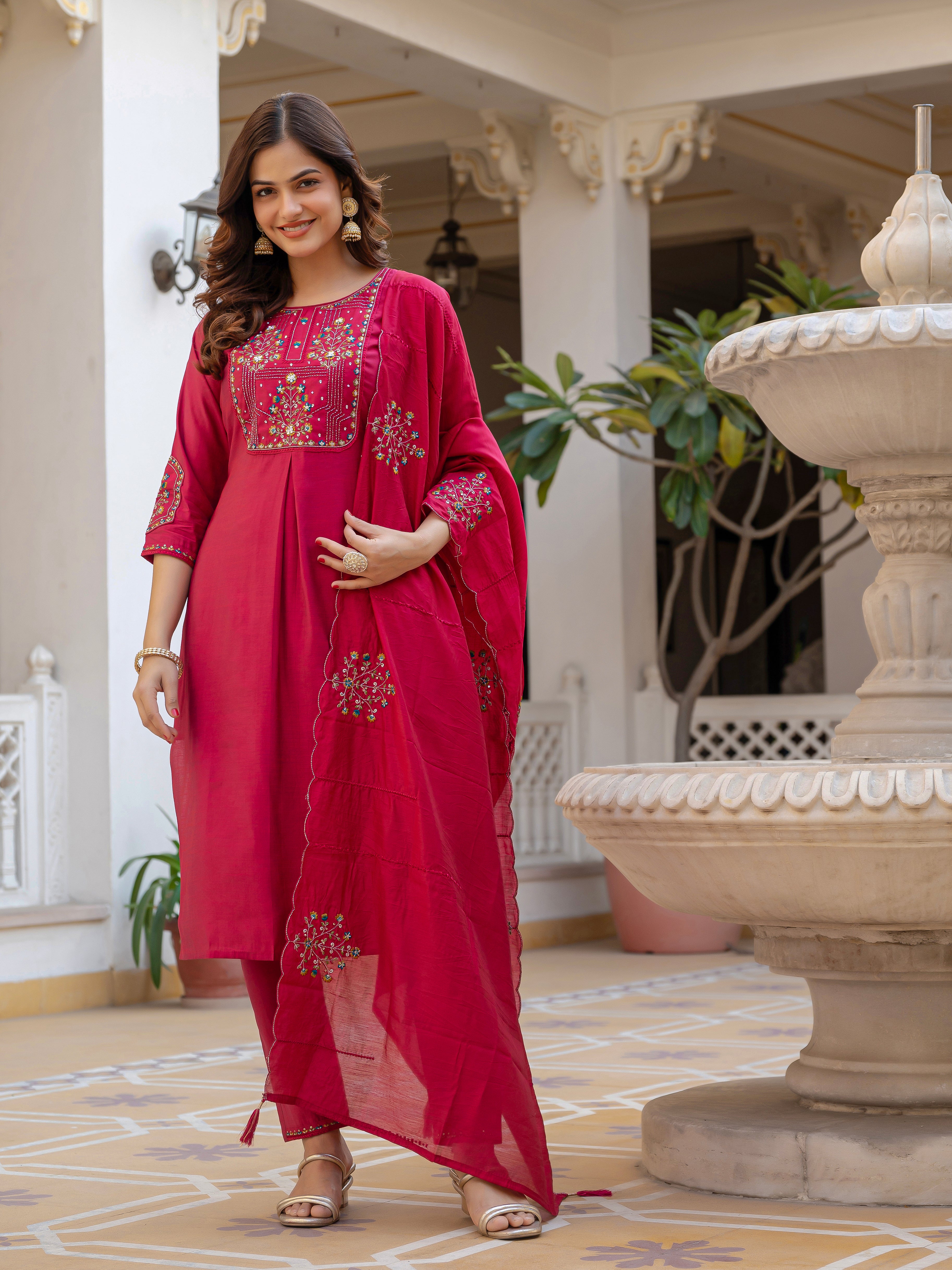 Pure Viscose Mango Silk Embroidered Straight Kurti Set – Pink