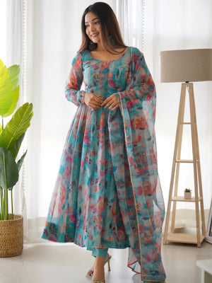 Organza Silk Printed Anarkali Set – Sky Floral