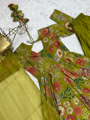 Roman Chanderi Silk Printed Kurta-Palazzo Set – Mehndi Green