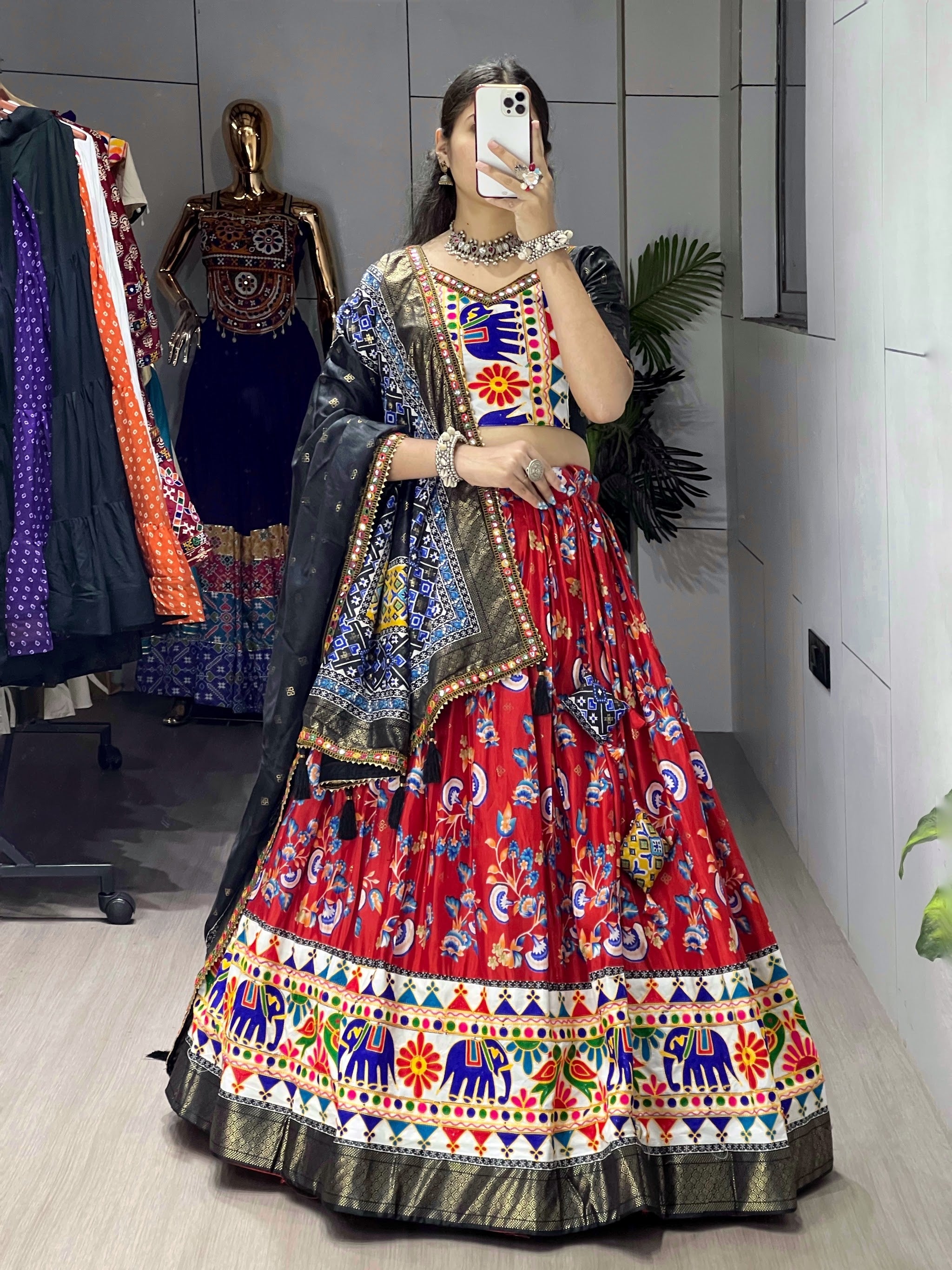 Navratri Red Floral Dola Lehenga Set - Blouse Unstitched