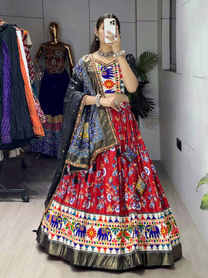 Navratri Red Floral Dola Lehenga Set - Blouse Unstitched