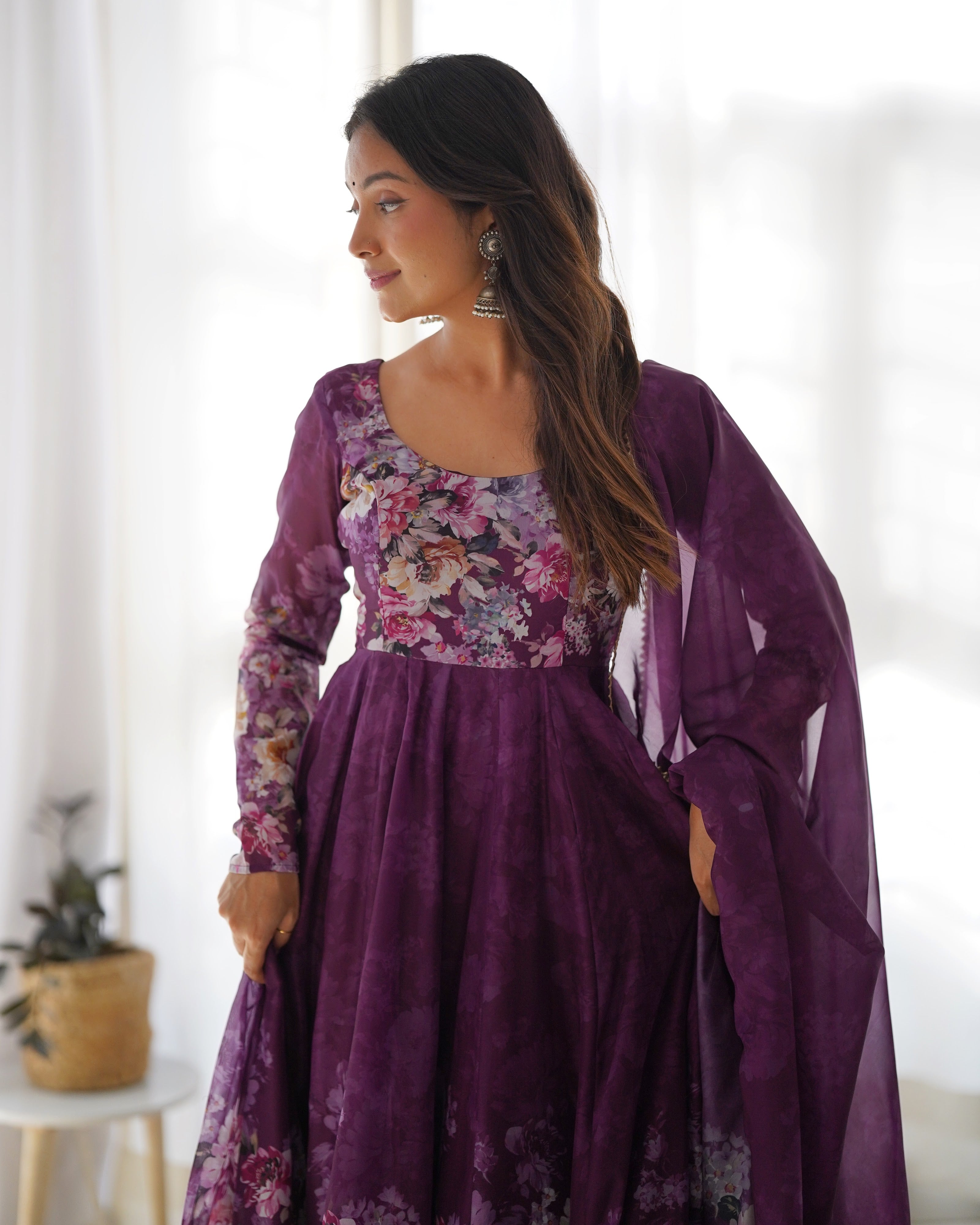 Organza Silk Printed Anarkali Set – Wine