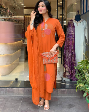Rayon Slub Embroidered Kurta Pant Dupatta Set – Orange